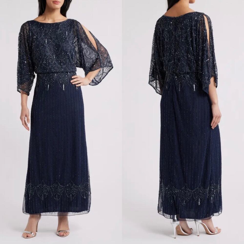Pisarro Nights Women 8 Blouson Dress Navy Blue Beaded Cold Shoulder Column FLAW